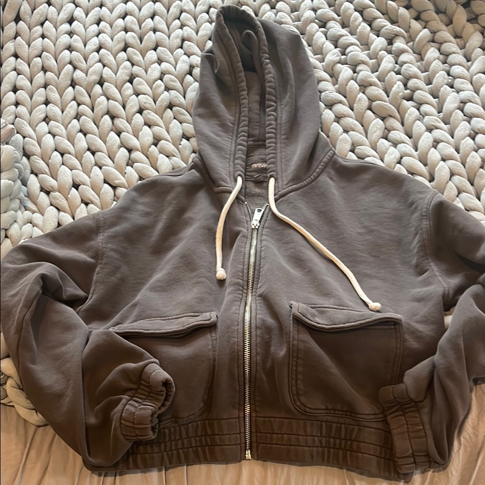 Grey/Brown Zip-Up Hoodie with Pockets from Aerie